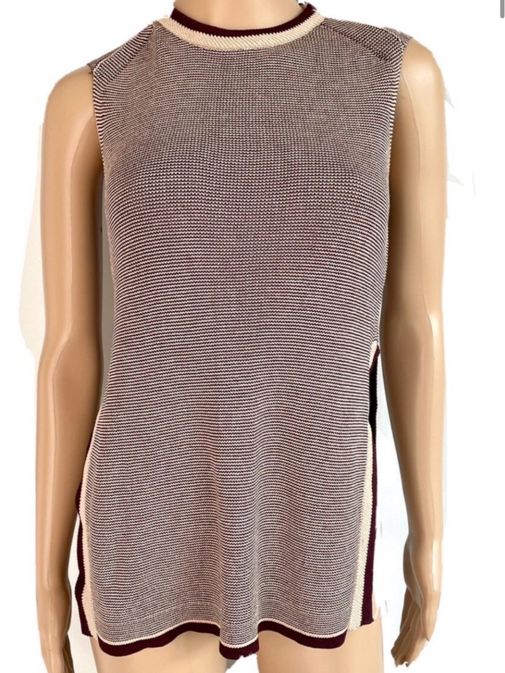 Wilfred Striped Knit Sleeveless Top in Cream and Burgundy